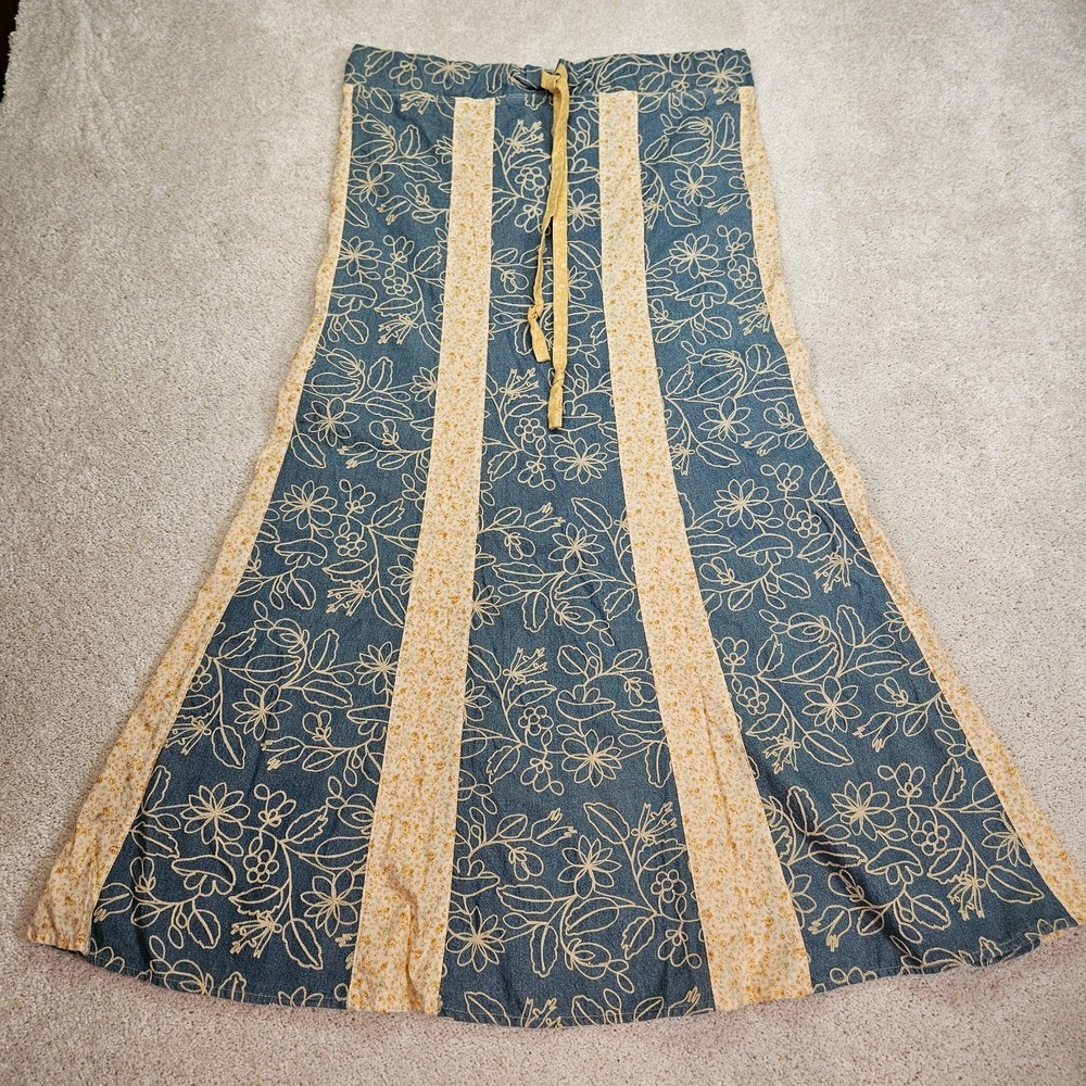 Handmade Artisan Upcycled Patchwork Sz M Embroider Boho Prairie Maxi Skirt OOAK